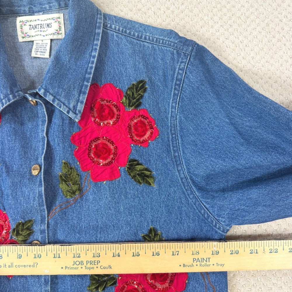 Floral Denim Chore Jacket VTG Tantrums Women SM Cottage Grandma Artsy Shacket - Picture 3 of 11